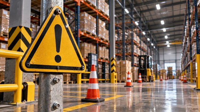 Warehouse Safety Warning Sign and Traffic Cones in Industrial Facility