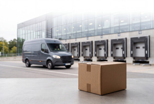 Sealed cardboard shipping parcel positioned outside a modern distribution facility with a delivery van, representing last mile delivery, freight logistics and supply chain operations.
