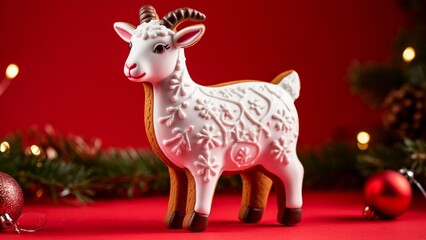 Fototapeta premium Christmas cookies in white and multicolored icing, shaped like a goat.