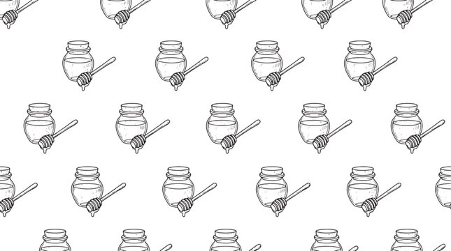 Seamless pattern of hand drawn honey jars and wooden dippers in a simple black and white sketch style