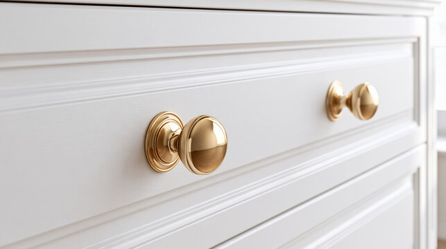 Golden brass knobs on a white wooden dresser drawer under soft indoor lighting. Perfect for luxury home interior and furniture design concept.