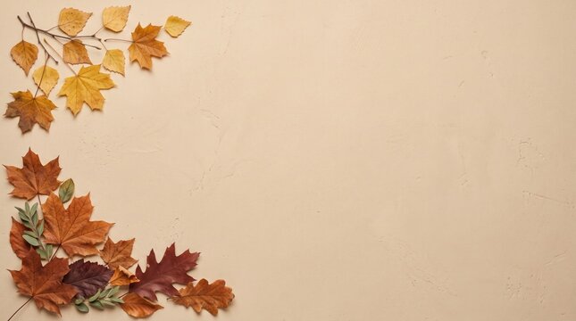 Autumn leaves cascading down a light beige background creating a seasonal border for design elements