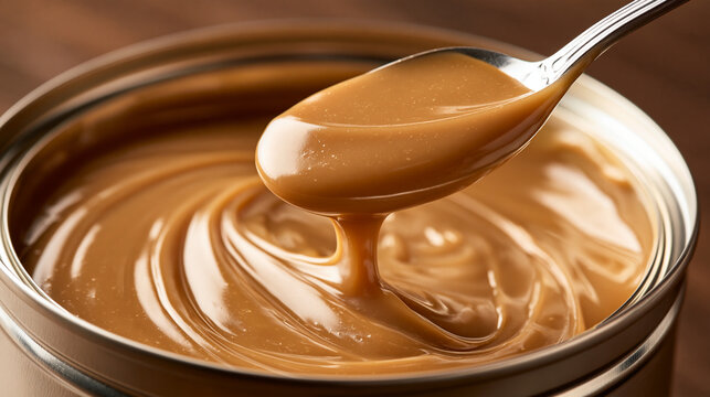Creamy dulce de leche caramel dripping from a spoon into a metal can. Perfect for sweet dessert recipe concepts.