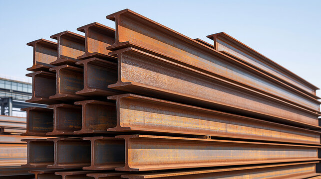 Stacked rusty steel I-beams are stored in an industrial yard under a clear sky. Ideal for construction and metal industry ads.