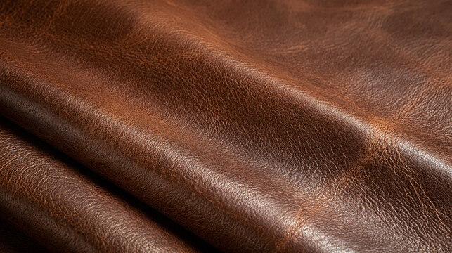 Folded brown leather texture showing natural grain and rich surface details. Ideal as a background for luxury fashion concepts.
