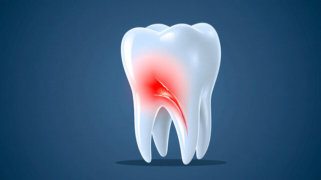 A white molar tooth shows a glowing red crack representing severe dental pain. Perfect for toothache relief or dental health campaigns.