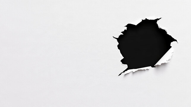 A dark ragged hole ripped through white paper with torn edges. Creative concept for revealing a secret message or copy space.
