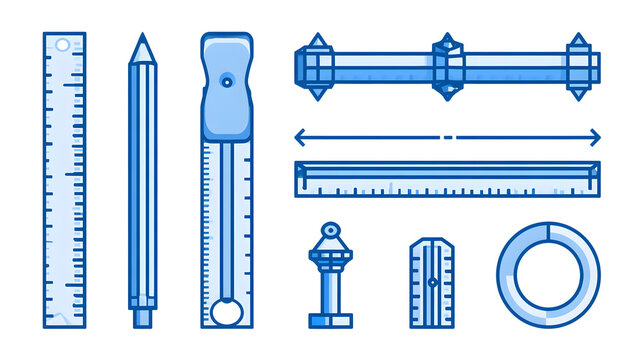 Measurement and dimension line icon set. Ruler, 3D axis, width, height, diameter minimal vector illustrations. Simple outline signs for geometry size tools. Blue duotone color. 