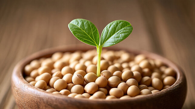 A green plant sprout growing out of a wooden bowl filled with soy beans. Concept for sustainable agriculture and plant-based nutrition.