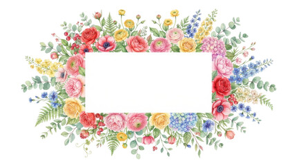 Fototapeta premium Floral Rectangle Frame: A beautiful watercolor illustration of a vibrant floral arrangement forming a rectangle, surrounding a blank white space for text or image.