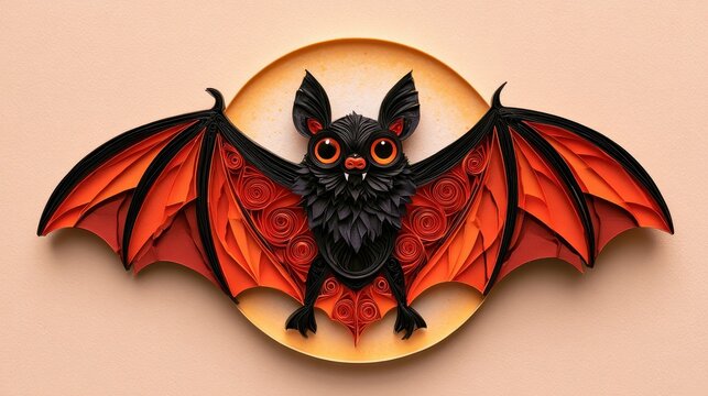 Halloween paper quilling concept. Illustration of a black and red bat with intricate wing patterns against a circle.