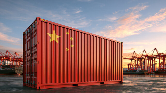 A red shipping container with the Chinese flag stands at a port during sunset. Perfect for global trade and logistics concepts.