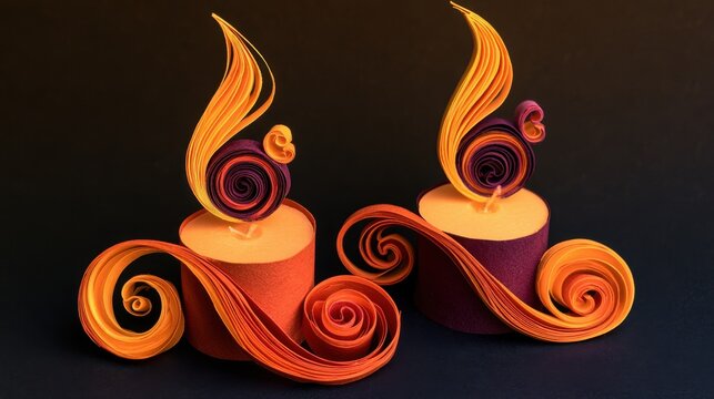 Halloween paper quilling concept. Two intricate, artistic candles with swirling, colorful flames on a dark background