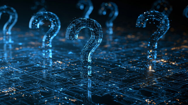 Glowing digital question marks stand on a dark circuit board background. Ideal for technology cybersecurity and artificial intelligence query concepts.