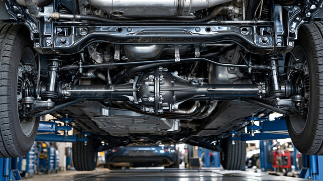 Detailed view of a car undercarriage and suspension system on a lift in a workshop. Ideal for automotive repair and maintenance services advertising.