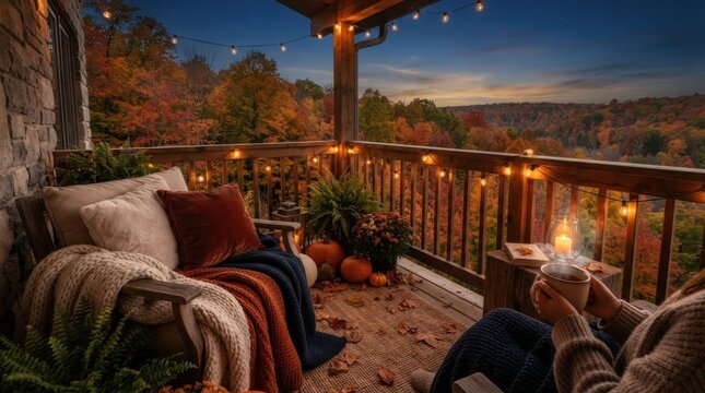 Autumn Porch Serenity: A cozy porch draped in fall foliage, adorned with string lights and pumpkins, offers a tranquil escape with a person savoring a warm drink and the crisp autumn air.