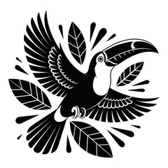 Fototapeta premium A tropical toucan with outstretched wings is a black silhouette