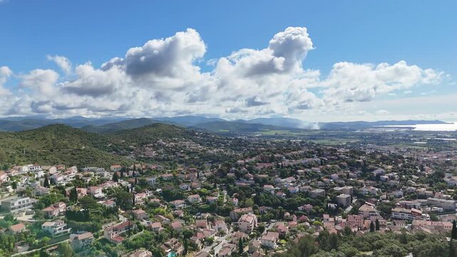 Aerial view of Hyeres town from castle ruins, Provence-Alpes-C&ocirc;te d'Azur, French Riviera, France, Europe. Aerial view of Hy&egrave;res City from the Chateau d&rsquo;Hy&egrave;res castle on a sunny day, French Riviera, Va