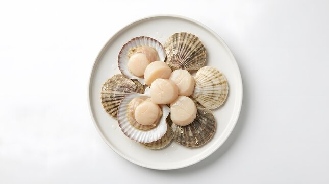 Raw white sea scallops served in natural shells on round ceramic dish.