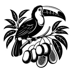 Fototapeta premium A toucan perched on a branch with tropical fruit silhouette