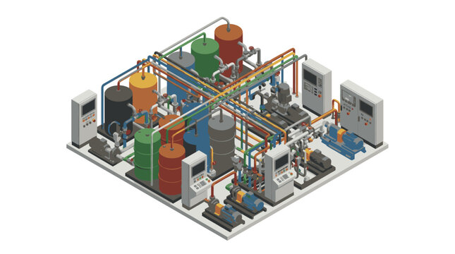 Corporate Isometric of Complex Industrial Chemical Processing Plant with Color Coded Piping and Control Panels
