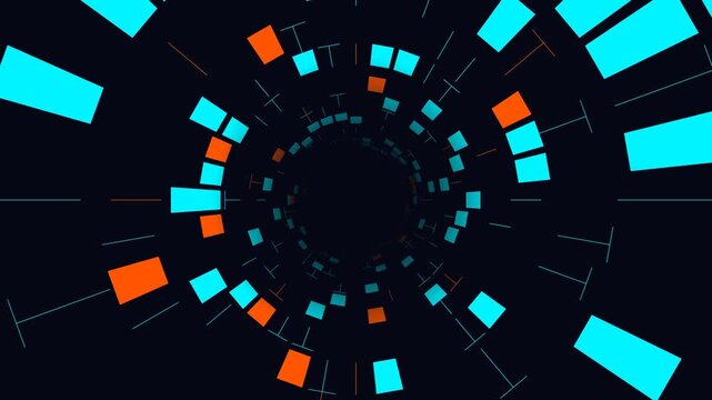 Digital blocks tunnel with glowing cyan and orange pixels rotating in infinite flight for techno background