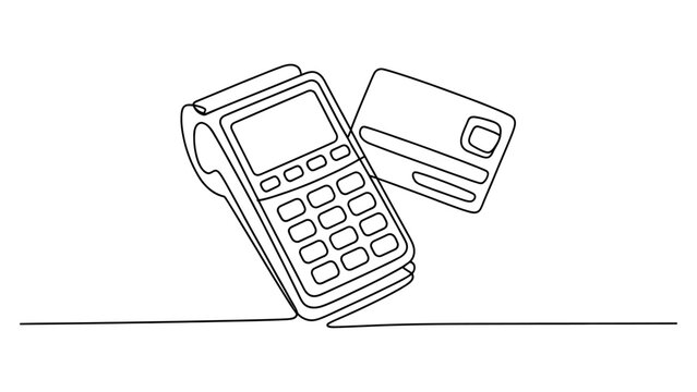 Continuous single line drawing of a payment terminal and a credit card for shopping and finance Vector, illustration