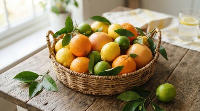 Basket of Fresh Citrus Fruit: A rustic woven basket overflowing with a vibrant assortment of fresh citrus fruits, including oranges, lemons, limes, and grapefruit, sits on a weathered wooden table.