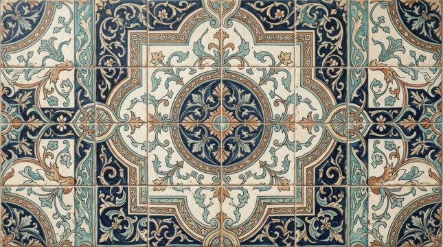 Ornate mosaic tile panel featuring elaborate starburst geometric patterns and deep blue floral accents decorative geometric ornamental architecture symmetrical