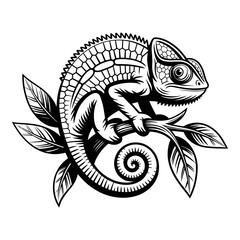 Fototapeta premium Chameleon perched on a branch is depicted in a black silhouette