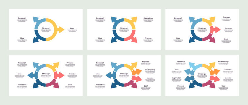 Pie chart collection. Arrows charts for infographics, presentations, business visualization. Vector infographic templates.