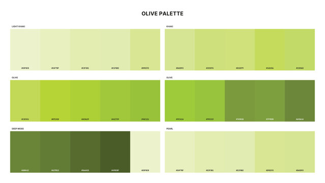 Olive, Khaki, and Deep Moss Vector Color Palette Collection with Natural Earthy Tones, Flat Swatches, Hex Codes, and Versatile Combinations for Design