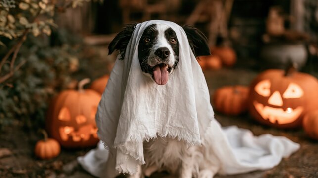 Cute dog wearing a white sheet ghost costume sitting among halloween pumpkins