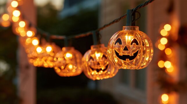Glowing orange jack o lantern string lights hanging for halloween decoration