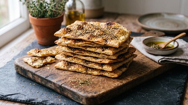 Stack of crispy flatbreads seasoned with aromatic zaatar herbs and toasted sesame seeds.
