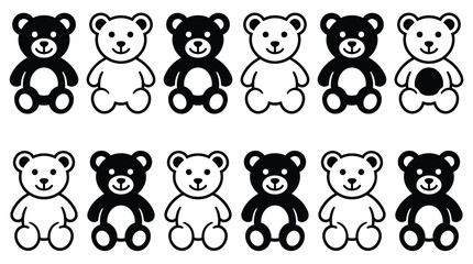 Fototapeta premium Set of cute teddy bear icons in black and white colors, simple vector illustrations
