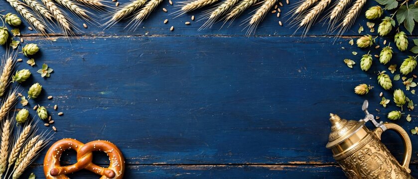 Rustic blue wooden backdrop featuring beer stein pretzel hops celebrating oktoberfest festivities