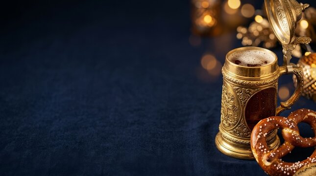 Celebrate oktoberfest in october golden beer stein pretzel against dark background showcasing german delights