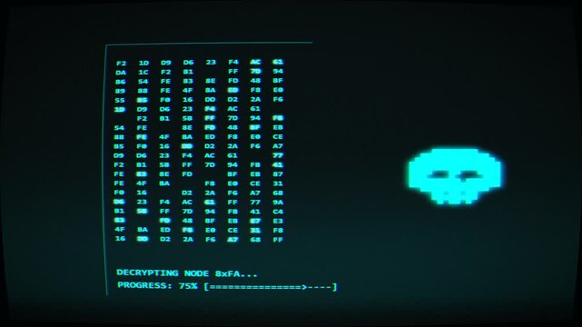 Retro Computer Screen: Decrypting Data with Skull Icon