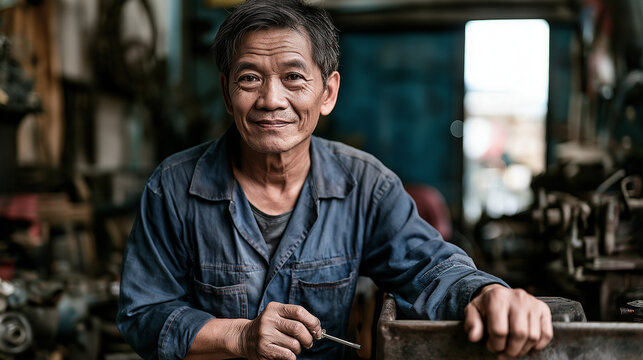 Smiling man holding tool in workshop