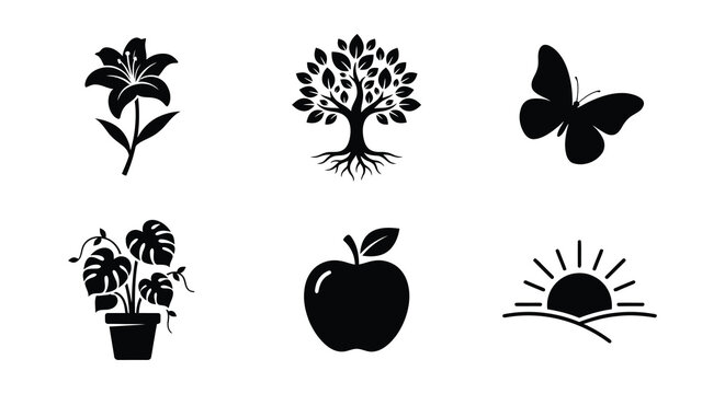 Collection of black silhouettes depicting flora and fauna on a white background
