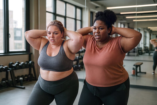 Two diverse plus-size women exercising intensely in a modern gym