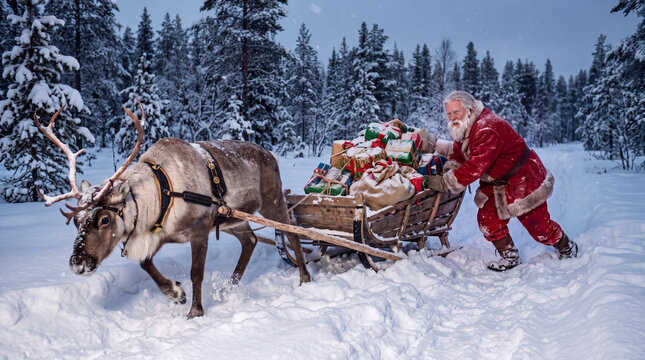 Santa Claus pushing a heavy wooden sleigh full of gifts pulled by a reindeer in a snowy forest