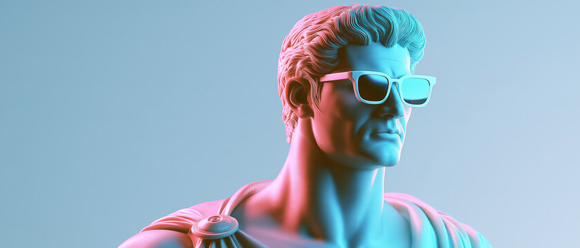 Retro Coolness: A stylized bust of a heroic figure wearing sunglasses, illuminated by vibrant neon pink and blue lighting, exuding an aura of classic coolness and futuristic style.
