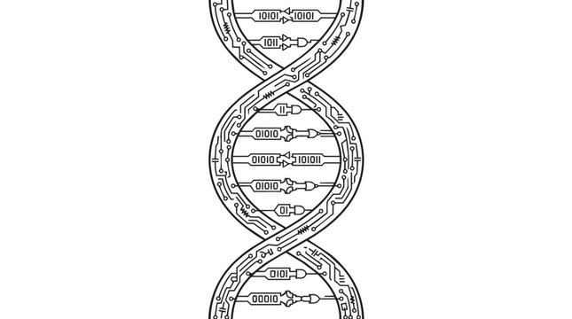 Ethnic DNA molecule, black and white double helix strand with tribal patterns and Aztec ornaments. Seamless line art design for genetics, scientific research, and cultural heritage concepts