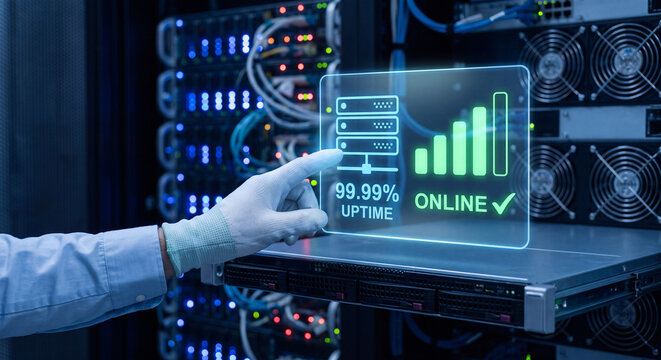 it engineer gestures toward glowing server uptime hologram with signal and status icons above data center rack, confirm system online status, track network infrastructure monitoring