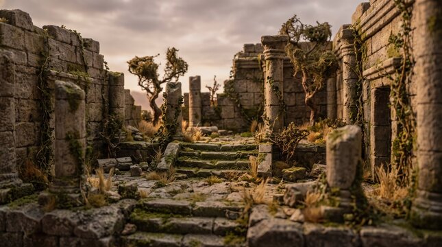 Miniature ancient overgrown stone ruins of an old temple with columns and crumbling stairs