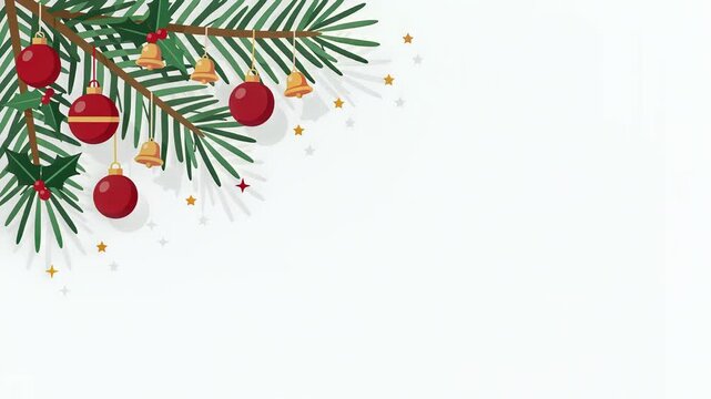 Animated flat vector Christmas corner border with swaying ornaments and bells