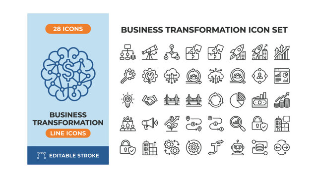 Business Transformation icon set. Contain icons related to Business, transformation, innovation, strategy, growth, optimization, process, and more. Editable stroke. Vector illustration.