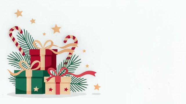 Christmas gift boxes animation with pine branches and copy space